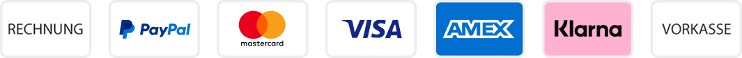 Zahlungsarten: Rechnung, PayPal, Mastercard, Visa, Amex, Klarna, Vorkasse
